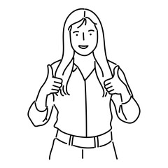 Young woman with thumbs up gesture. Vector illustration in outline style.