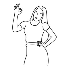 Young woman showing OK sign. Vector illustration in line art style.