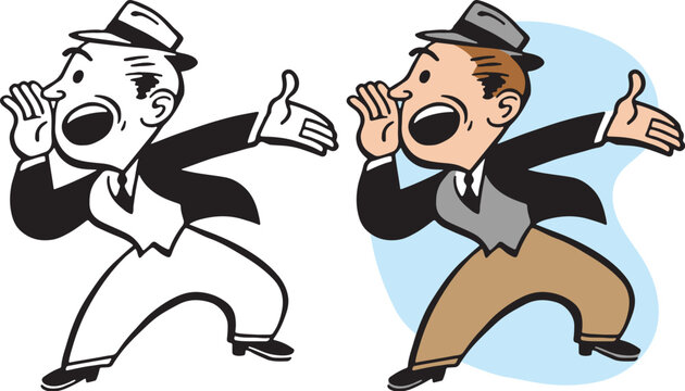 A vintage retro cartoon of a businessman shouting and gesturing at something important. 