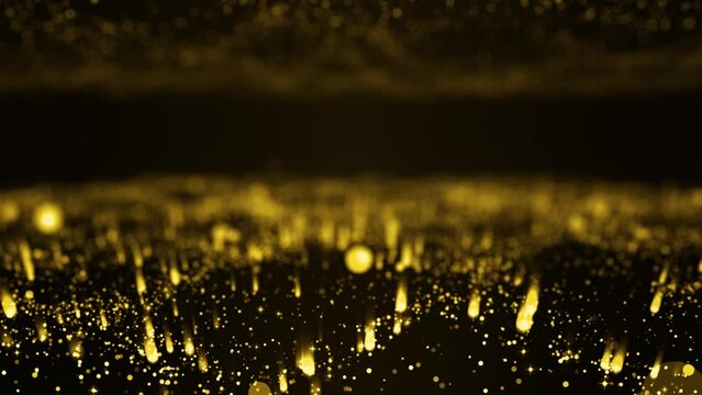 Abstract loop animation flickering glow gold bokeh bubble particles flow on black background. 4K 3D seamless looping orange bokeh particles dust fly in the air.