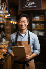 Asian barista with tablet at cafe entrance.