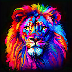 A Digital AI-produced Lion in technicolor: a dazzling display of multihued beauty.