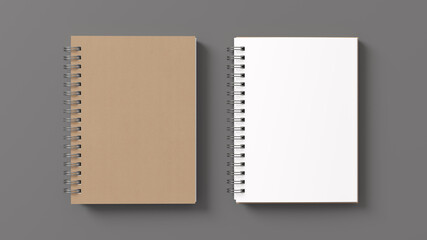 Notebook mockup. Closed and open blank notebook with craft paper cover. Spiral notepad on gray background