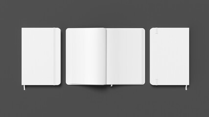 White cover notebook and opened notebook mockup on gray background