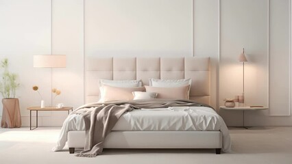 A luxurious bedroom setup, with a plush, tufted headboard, and silky soft bedding. The grange gentle light background adds an ethereal touch, with delicately formed shadows adding depth
