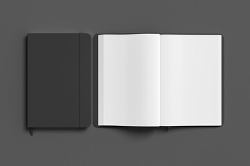 Black cover notebook and opened notebook mockup on gray background - obrazy, fototapety, plakaty