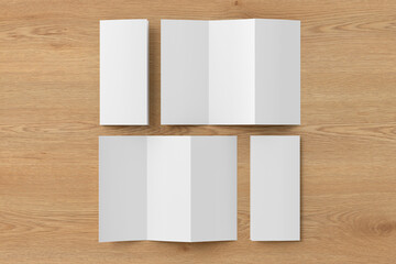 Vertical pages accordion or zigzag trifold brochure mockup on wooden background. Three panels, six pages leaflet