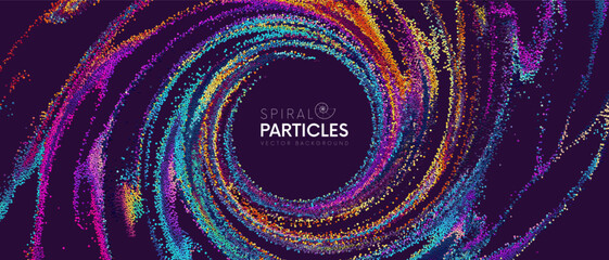 Beautiful colorful rainbow dynamic particles flowing in form of spiral banner frame. Trendy creative dreamy fluid cover art design for banner, flyer, poster. Mixing particles. Vector illustration