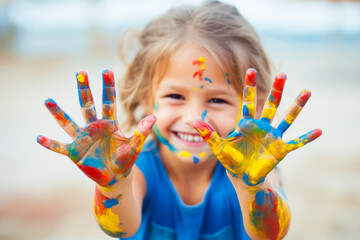 Smiling young girl with paint on her hands and face - Powered by Adobe