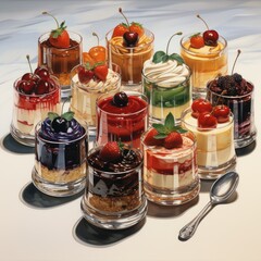 selections of cakes and sweet desserts served in glass jars, topped with fruits. generative ai 