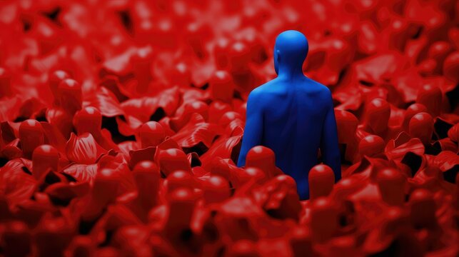 silmple blue man standing amoungst a large pile of red squigles and shapes that kinda look like people standing out from the crowd