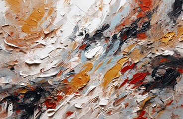 Abstract oil painting with brush strokes. Mixture of white, red, blue and yellow colors.