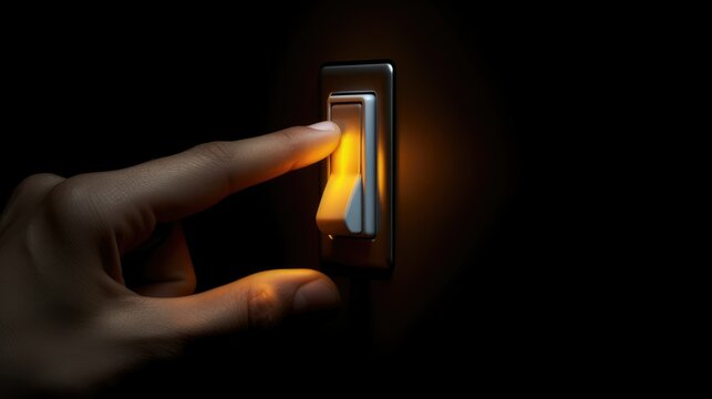 Hand flipping a light electrical switch in a dark setting, creating a moment of illumination in the shadows.