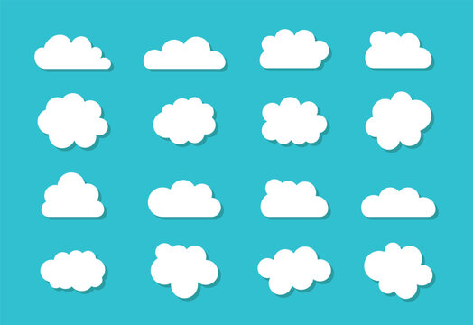 Cartoon white clouds icons on blue background. Collection of flat cloudy balloon in heaven. vector illustration.