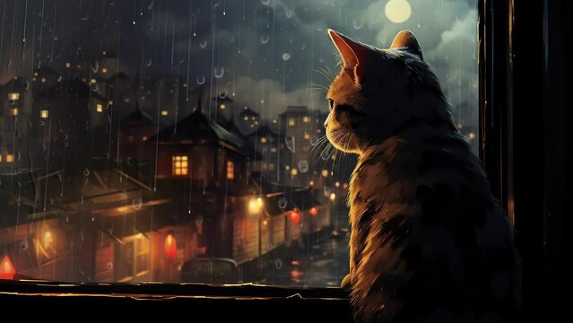 Purring in the Rain: Rooftop Chronicles of Feline Hideaways. High-Quality 4K Animated Backgrounds.