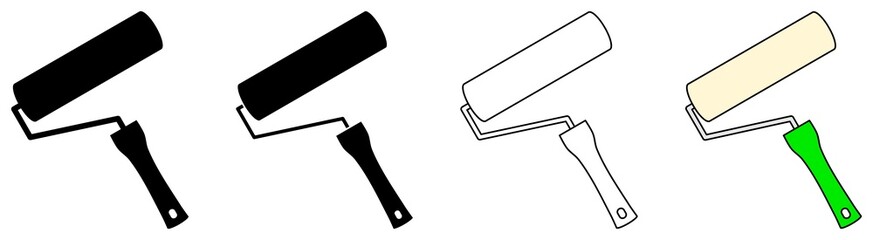 Paint roller icon set. Silhouette, outline and color.