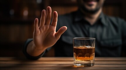 man smile and refuses say no and avoid to drink an alcohol whiskey , stopping hand sign male, alcoholism treatment, alcohol addiction, quit booze, Stop Drinking Alcohol. Refuse Glass liquor