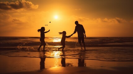 Silhouetted Happy Asian Family Playing And Having Fun On The Beach At Sunset. Recreation, relax, holiday, vacant time.