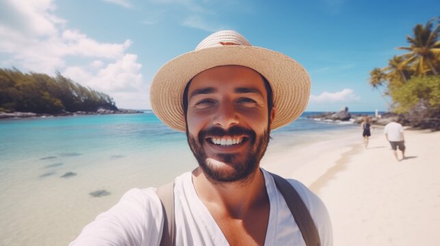 close-up shot of a good-looking male tourist. Enjoy free time outdoors near the sea on the beach. Looking at the camera while relaxing on a clear day Poses for travel selfies smiling happy tropical