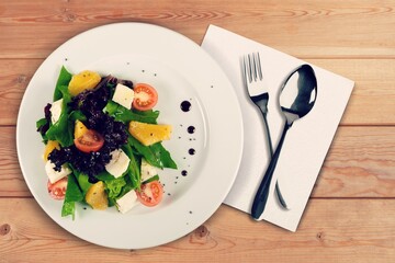 Tasty fresh salad dish in plate