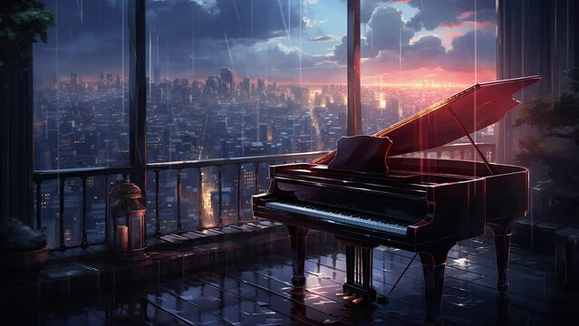 Melody of Rain. City's Serenade on Rooftop. High-Quality 4K Animated Backgrounds. Seamless Loop Video.