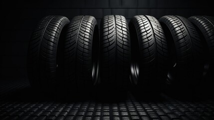 Brand new, pristine car tires showcased in a dark room, highlighted with dramatic lighting to accentuate their cleanliness and quality. - obrazy, fototapety, plakaty