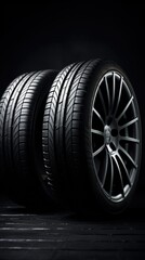 Brand new, pristine car tires showcased in a dark room, highlighted with dramatic lighting to accentuate their cleanliness and quality.