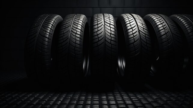 Brand new, pristine car tires showcased in a dark room, highlighted with dramatic lighting to accentuate their cleanliness and quality.