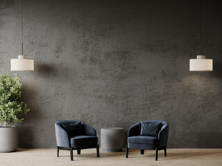 Livingroom or buisness lounge in deep dark colors. Empty wall mockup - gray microcement background and rich blue navy chairs. Accent lamps. Luxury interior design reception room. 3d rendering 