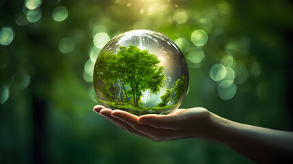 Human hand holding glass ball with tree inside. Environment conservation concept. - obrazy, fototapety, plakaty