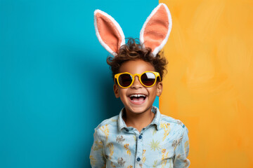 Funny happy child wearing bunny headband and sunglasses on solid blue yellow background.