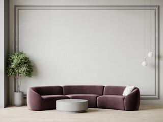 Fancy living room with dusty purple velvet sofa. Microcement white accent wall. Mockup luxury room hall interior design home or reception, lounge. Velor mauve furniture with pillow. 3d render 