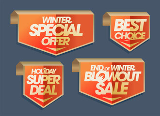 Winter special offer, best choice, holiday super deal, end of winter blowout sale - arrow tags set - obrazy, fototapety, plakaty