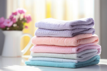 Stack of pastel colored folded towels on white wooden table in bathroom. Spring cleaning.