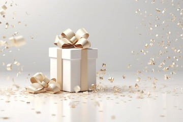 golden white gift box with ribbon and bow, copy space background