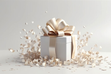 golden white gift box with ribbon and bow, copy space background