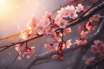 Obraz premium Beautiful cherry tree blossoming on spring. Beauty in nature. Tender cherry branches on sunny spring day outdoors.