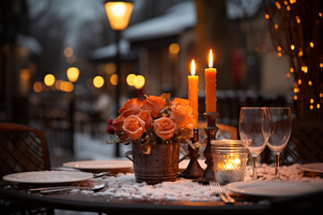 Lit lantern as a decoration of a wooden restaurant table on Christmas time. Decorated and illuminated outdoor tables of a restaurant of cafe in France. Snowy winter day.
