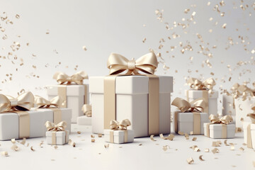 golden gift boxes with ribbon and bow, copy space background