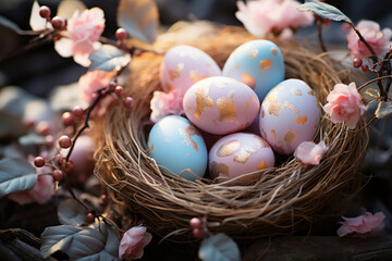 Colorful Easter eggs in a nest decorated with spring flowers. Celebrating Easter outdoors. - obrazy, fototapety, plakaty