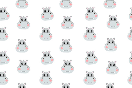 Seamless pattern with lovely kawaii head of hippopotamus, cutie grey hippo. Cute vector wallpaper for nursery, print or textile for kids