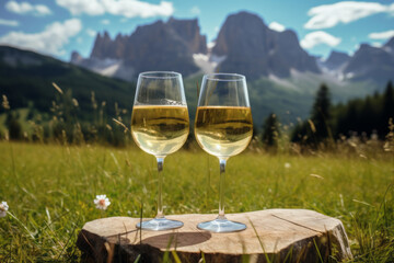 Obraz premium Two glasses of white wine on a picnic blanket, overlooking beautiful mountain landscape. Drinking wine, sunny day in Alps.