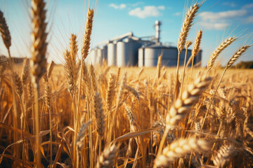Wheat ears on a backdrop of silos towers. Silos on a wheat fields. Storage of agricultural production. - obrazy, fototapety, plakaty