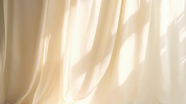 A minimalistic abstract background showcasing a pale yellow light softly pouring through a curtain onto a textured linen fabric. The delicate shadows create a serene