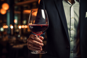 Man holding a glass of red wine in a restaurant. Alcoholic beverage served during a party night.