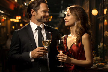 Beautiful couple wearing fancy clothes having a date at luxury restaurant. Young man and young woman drinking wine together.