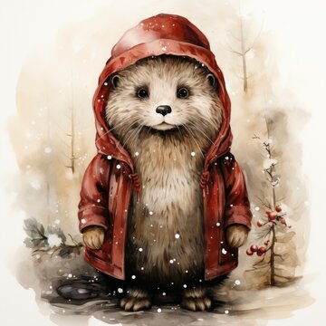 A watercolor painting of a otter in a red coat