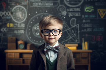 Smart little student in front of a blackboard in a classroom. Clever boy wearing eyeglasses and formal clothes.