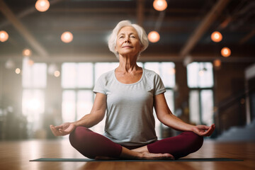 Beautiful elderly woman meditating during group practice in sunny room. Peaceful woman doing yoga in lotus pose. Finding inner balance, managing stress. - obrazy, fototapety, plakaty