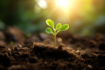 Young sprout growing from the rich soil to the morning sunlight. Ecology concept.